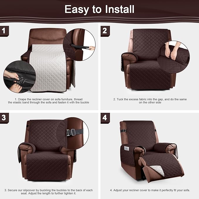 KinCam 100% Waterproof Recliner Chair Cover, Reclining Couch Covers for Pets, Dogs, Recliner Couch Slipcover Furniture Protector with Elastic Straps for Kids(30", Coffee)