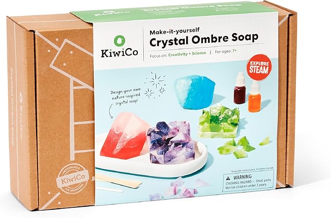 KiwiCo Crystal Geode Soapmaking Kit | Complete Set Includes Beaker, Clear Soap, Molds, Mixing Sticks, Mica Powder, Liquid Colors & More | DIY Soap Making Kit for Kids Ages 7+