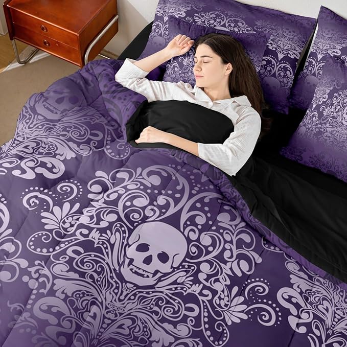 Feelyou Gothic Skull King Comforter Set with Sheets for Kids Boys Girls Damask Print 7 Pieces Bedding Set Goth Bohemian Bed in a Bag Purple Room Decor Soft Lightweight Microfiber