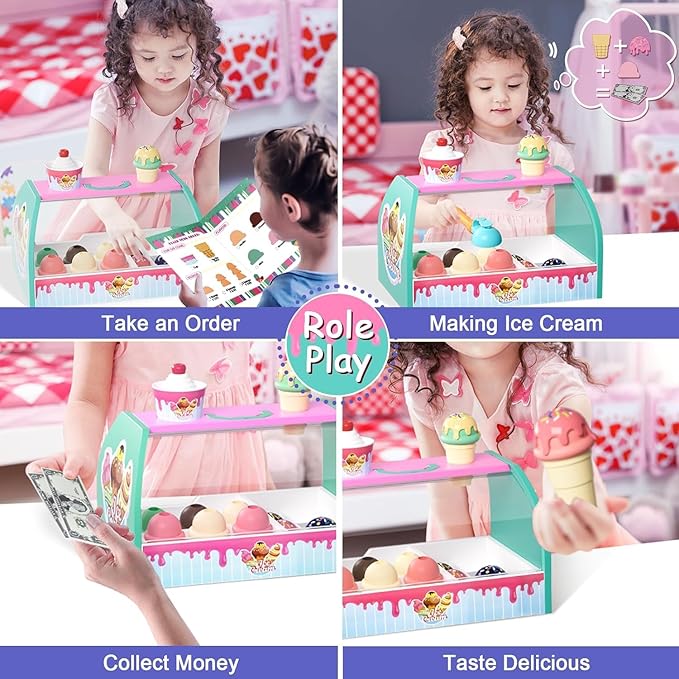 Ice Cream Toy Set for Kids, Pretend Play Ice Cream Shop for Toddlers, Ice Cream Play Set for 3-6 Year Old Girls and Boys, Play Food Accessorie, Educational Toy Food, Gift for 4 5 7 8 Year Olds