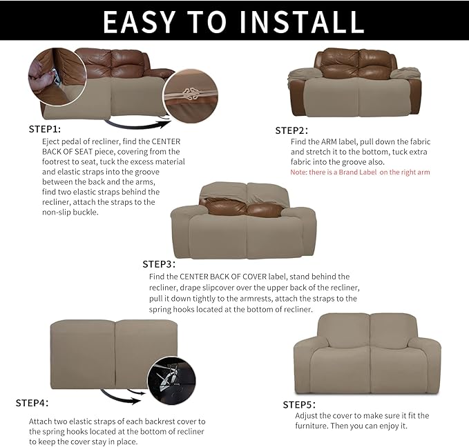 Easy-Going Oversized 6 Pieces Microfiber Stretch Sectional Recliner Loveseat Sofa Slipcover Soft Fitted Fleece 2 Seats Couch Cover Washable Furniture Protector with Elasticity for Kids Pet Natural