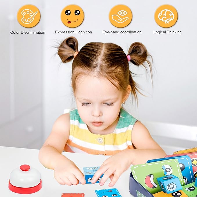 Face Changing Building Blocks Game, Wooden Expression of Face Change Magic Cube Educational Puzzles Toy Fidget Toys Cube Mini Board Game for Kids and Adults with 72 Cards (Large)
