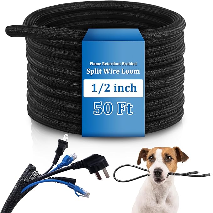 Pangda 50ft Split Wire Loom Tubing Flame Retardant Braided Cable Sleeve Split High Temperature Cable Conduit Auto Wire Conduit for Industrial Electrical Tinsel Automotive Marine (100 Ft, 1/2")