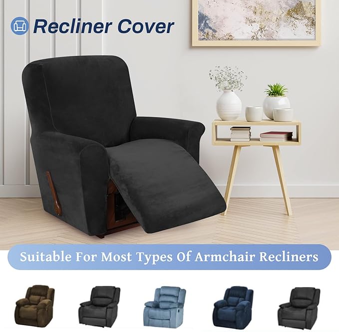 WEERRW Velvet High Stretch Recliner Chair Cover 1 Piece Recliner Couch Cover, Washable Furniture Protector with Non Slip Elastic Bottom for Kids and Pets, Black