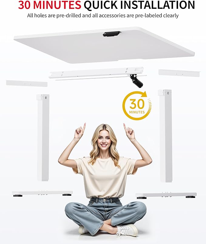Okin Standing Desk Electric Adjustable Computer Whole Piece Stand up Desk Office Gaming Home Office Memory Desks 48x24 inches White