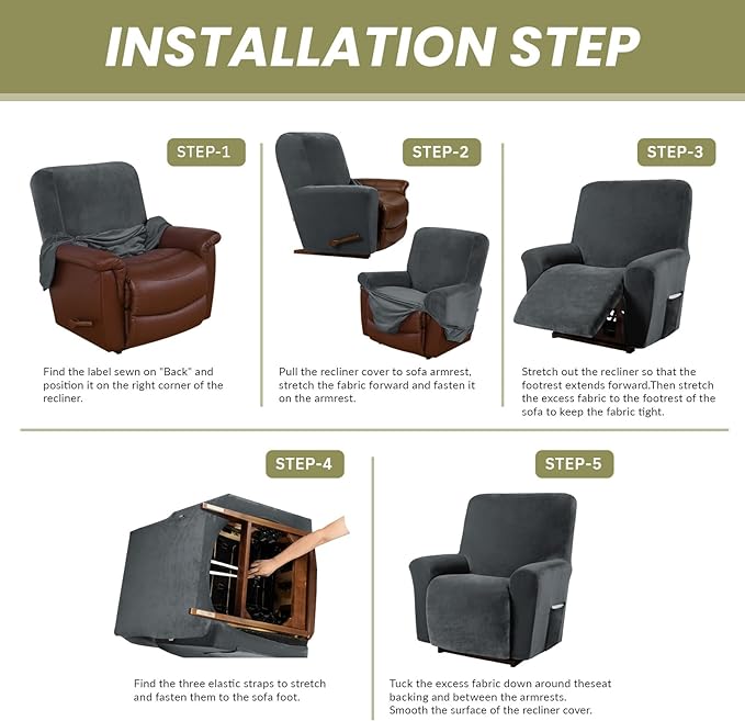 AZON Velvet Stretch Recliner Chair Cover,1-Piece Washable Recliner Couch Cover with Elastic Furniture Protector for Pets, Kids(Recliner, Charcoal)