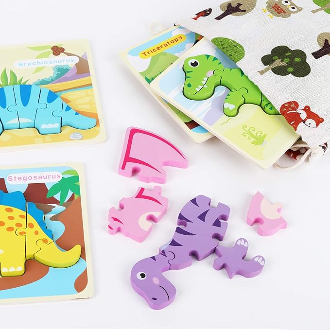 SYNARRY 6 Pack Dinosaur Wooden Puzzles for Kids 3-5, Wooden Puzzles for Toddlers, Dinosaur Puzzles for Toddlers 3 4 5 Year Old, 3D Dinosaur Puzzles Educational Preschool Toys for Boys and Girls