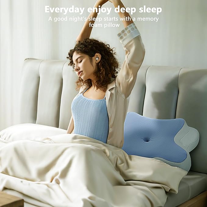 A-Pce JINXIA Cervical Pillows for Sleeping,Ergonomic Orthopedic Neck Support Pillow,Memory Foam Pillow with Removable Pillowcase for Side,Back, Stomach Sleepers, Blue