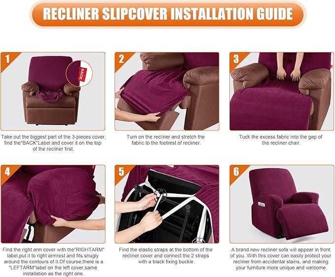 VANSOFY Recliner Chair Cover, 3-Pieces Stretch Lazy Boy Recliner Covers for Recliner Chair Soft Reclining Chair Slipcover Furniture Protector for Dogs Cats(Burgundy)