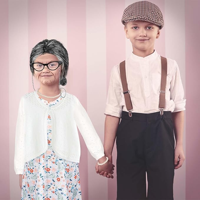 Kids 100 Days of School Costume for Girls Cosplay Outfit Including Grey Wig Cardigan Sweater Floral Dress Cat Eye Glasses