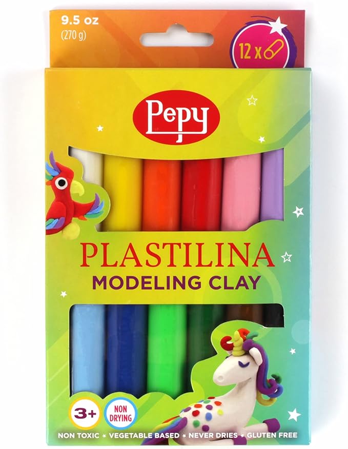 Pepy Plastilina Reusable and Non-Drying Modeling Clay; Box of 12-Color Sticks, 0.8 Ounce Each, Perfect for Arts and Crafts Projects