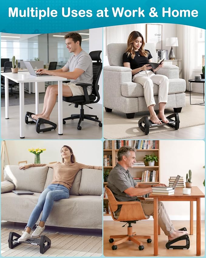 Foot Rest for Under Desk at Work - Ergonomic Under Desk Footrest for Office, Adjustable Foot Stool Desks Footrests with Roller Massager - Leg Support Rest for Office Chair & Gaming Home
