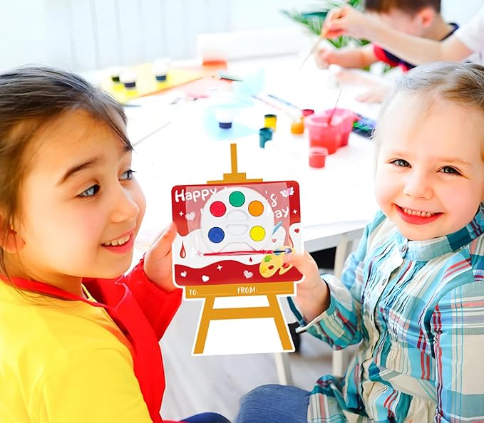 GOAUS Valentines Day Gifts for Kids, 24 Pack Easel-Shaped Valentines Cards with Watercolor Paint Sets for School Boys Girls Classroom Preschool Party Favors Class Prizes