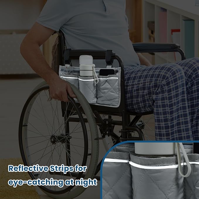 2 Pack Wheelchair Side Bag, Armrest Pouch with Reflective Stripe, Detachable Rollator Bag Wheelchair Pouch Side Pocket Organizer Bags for Wheelchairs, Walkers or Rollators (Black Gray)