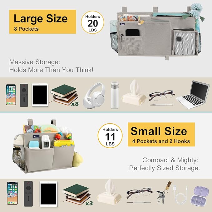 Surblue Bedside Caddy Bunk Bed Storage Organizer Hanging Pockets for College Dorm Rooms, Hospital Beds, Baby Bed Rails, Camping, RV, Small and Large Set, Grey