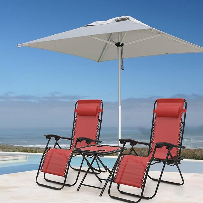 Athena Collection Zero Gravity Outdoor Lounge Chair Set of 2 with Side Table, 25" Width Pool Lounge Lawn Chairs Reclining with Cup Holder, Outdoor Chaise for Beach Patio Backyard Outside, Dark Red