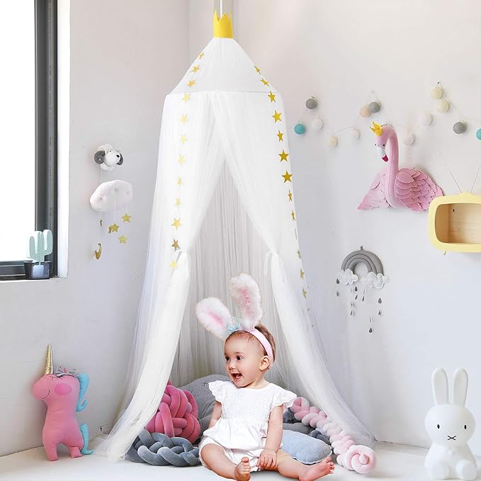 Jolitac Princess Bed Canopy for Girls Room Decor Round Lace Mosquito Net Play Tent Reading Nook Canopies Yarn Girl Dome Netting Castle (White)