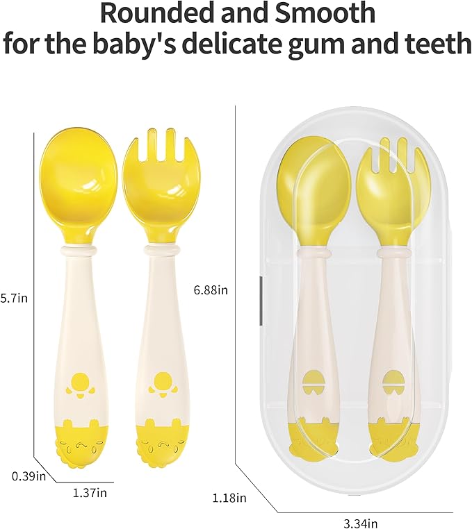 Deejoy Toddler Utensils, Self-feeding Flatware Set withTravel Case, Baby Spoons and Forks with Silicone Bendable Handle, Easy Grip Heat-Resistant, Ideal for Kids, Stage 2 (Yellow)