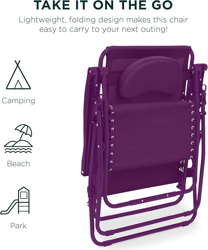 Best Choice Products Oversized Zero Gravity Chair, Folding Outdoor Patio Lounge Recliner w/Cup Holder Accessory Tray, Pillow - Amethyst