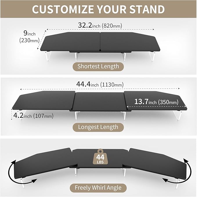 AFOOYO LED Dual Monitor Stand Riser for 2 Monitors, Office Desktop Wooden Stand Adjustable Length and Angle 3 Shelf, Extra Long Multifunctional Stand up to 44.4" for Computer, Laptop, TV, Black