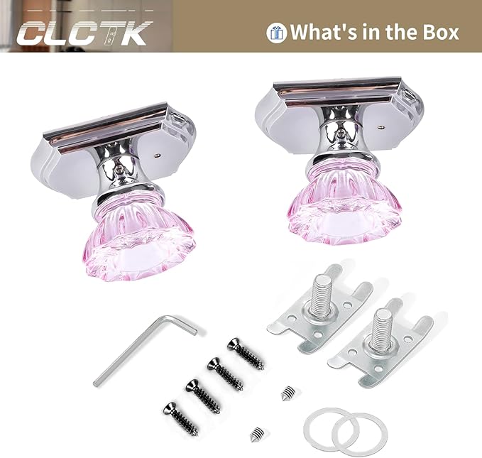 CLCTK Pink Crystal Glass Dummy Door Knob, Polished Chrome Closet Bifold Dummy Door Handles Non-Turning Single Side, 4 Pack
