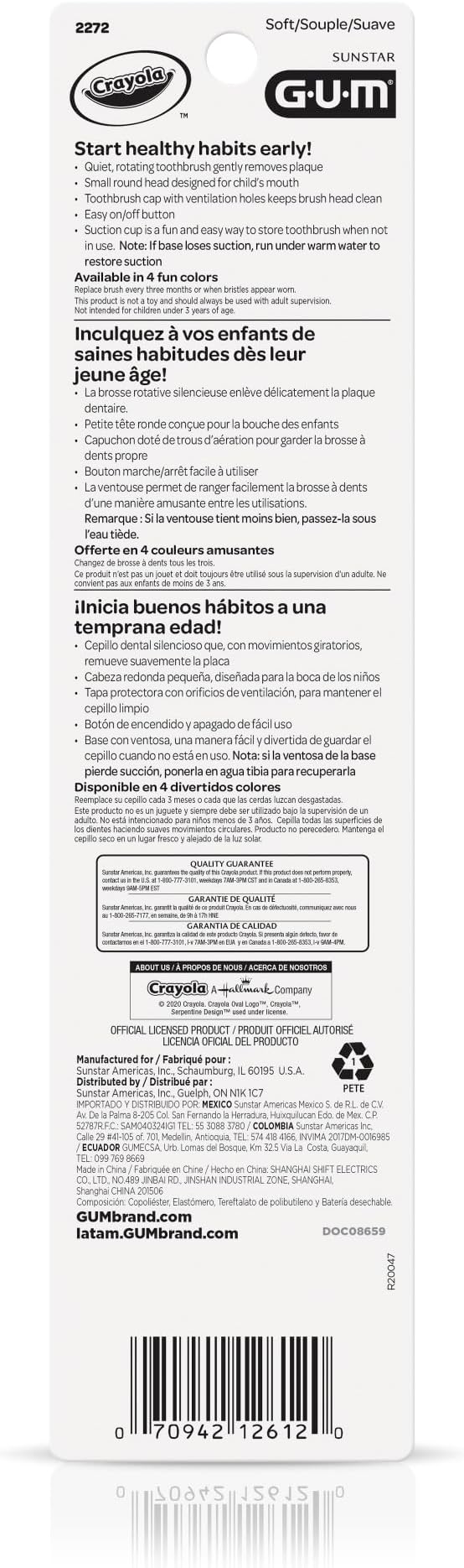 GUM Crayola Power Toothbrush for Kids, Extra Soft Bristled Toddler Toothbrushes, Travel Cap + Suction Cup Base, Batteries Included, 1ct (Pack of 2)