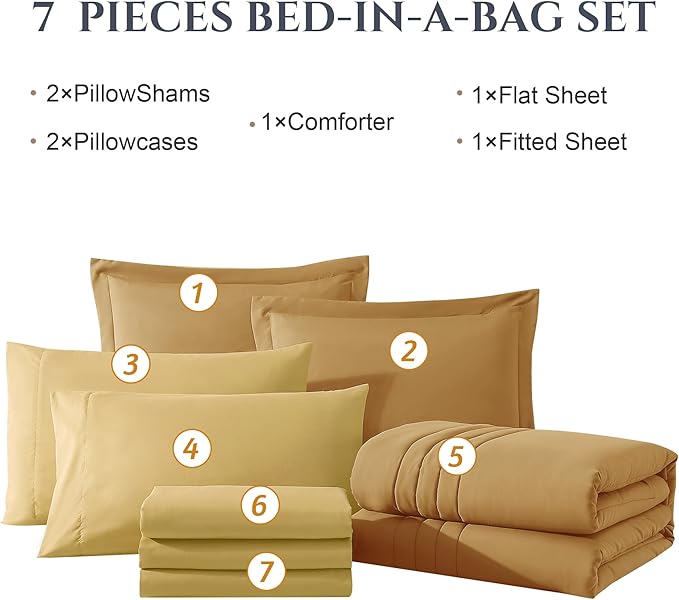 Monbix Full Comforter Set - 7 Pieces Desert Yellow Bed in a Bag Full Size Bedding Sets with Comforters, All Seasons Comforter with Sheets, Pillowcases & Shams