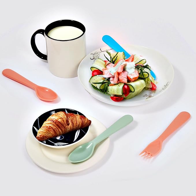 ChaLeeMoo12Pcs Plastic Kids Forks and Spoons Set, Reusable Toddler Utensils Assorted Colors Kids Silverware Set for School Lunch Box Camping Travel, Also for Adult to Use, BPA Free Dishwasher Safe