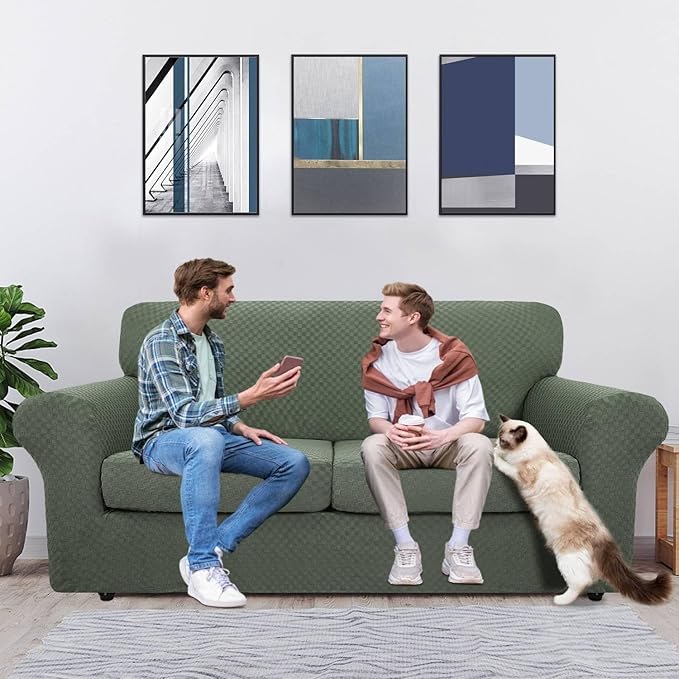 MAXIJIN 3 Piece Stretch Couch Covers for 2 Cushion Couch Sofa Slipcovers with 2 Extra Large Seat Cushion Couch Jacquard Loveseat Sofa Couch Cover for Dogs (2 Cushion Sofa, Army Green)