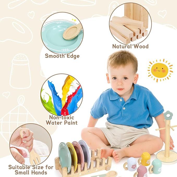 20 PCS Kitchen Playset with Wooden Toy Plates and Dishes, Montessori Kitchen Toys for Girls and Boys, Wooden Play Kitchen Accessories for Kids Toddlers Aged 3 and up