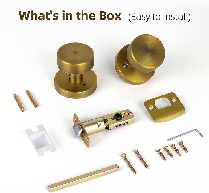 Antique Brass Privacy Door Knobs Interior with Lock, Old Style Round Door Knob Vintage Door Handle for Bedroom Bathroom Lockable Door Knob