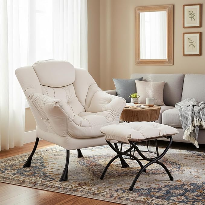 Welnow Lazy Chair with Ottoman, Modern Lounge Accent Chair with Armrests and a Side Pocket, Leisure Sofa Armchair, Reading Armchair with Footrest for Small Space, Beige
