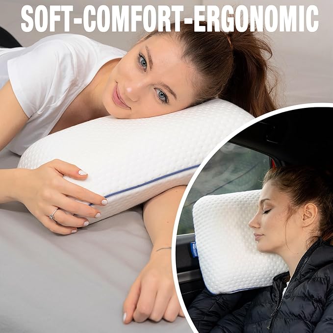 Marcolumb Travel & Camping Comfortable Memory Foam Pillow – Easy to Carry Portable Bag – Temperature Regulating Pillow Case - Perfect for Travelling (White)