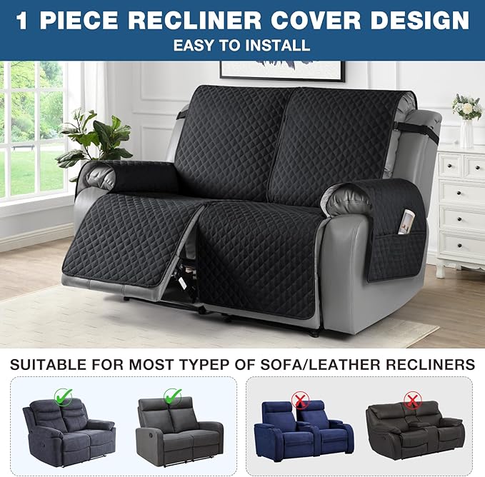 TAOCOCO Waterproof Recliner Loveseat Cover Non-Slip Sofa Slipcover, Pet Couch Cover for Loveseat Recliner with Straps, Washable Reclining Loveseat Cover Furniture Protector (2 Seater, Black)