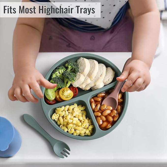 VITEVER 3 Pack Suction Plates with Lids and Utensils for Babies & Toddlers, 100% Food-Grade Silicone, Divided Design, Microwave & Dishwasher Safe