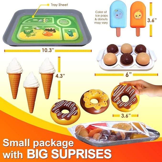 FUNERICA Pretend Play Ice Cream and Desserts Toy Food Set with Realistic Fake Donuts, Popsicles, Cupcakes, Fries, and Tray, Kids Kitchen Accessories Set, for Toddlers, Boys and Girls