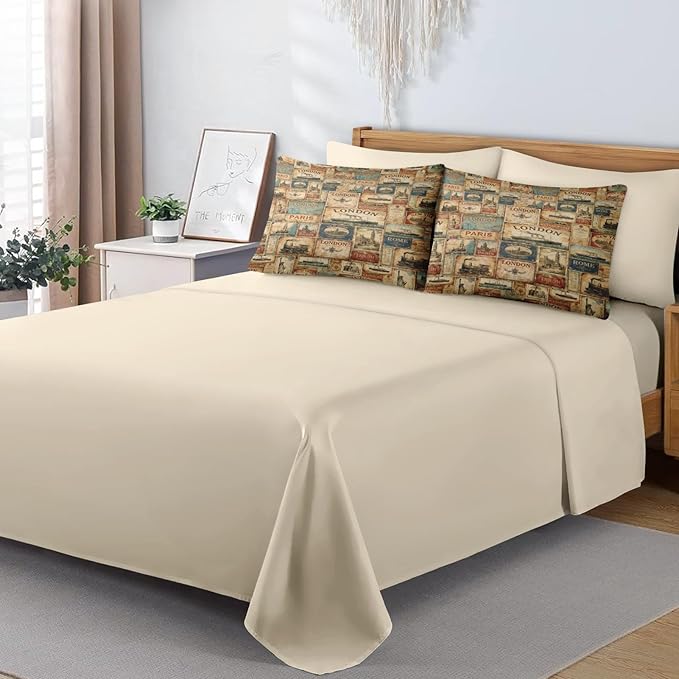 Comforter Set King Size, Vintage Travel Nautical 7 Pcs Bedding for Kids and Adults, Retro Antique Bed Sheet Sets with Fitted Sheet 2 Pillowcases & 2 Shams for Bedroom Bed Decor