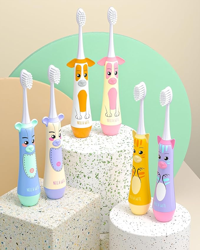 NELL&WELL Kids Electric Toothbrush, 2-Min Timer, 3 Modes with Memory, IPX 7 Waterproof, Battery Powered Kids Toothbrush with 3 Soft Bristles Heads for Children Boys and Girls Ages 3+โฆ