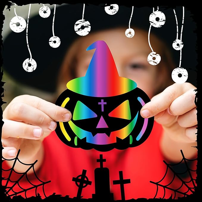 Leesgel Halloween Scratch Art Paper for Kids, 60Pcs Magic DIY Crafts Kit Halloween Party Decorations Supplies, Pumpkin Skull Bat Scratch Crafts Birthdays Party Favor Educational Toys