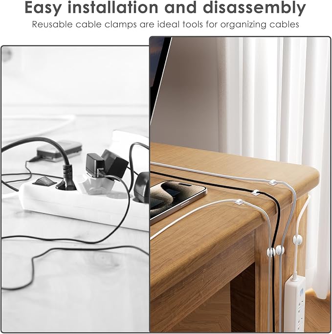190 PCS Silicone Cord Holder Set with 100 x Type R Cable Clips 30 x Multi-Type Adhesive Cable Clips 60 x 6inch Reusable Fastening Cord Ties Wire Organizer for Nightstand Desk Office or Ethernet Cable