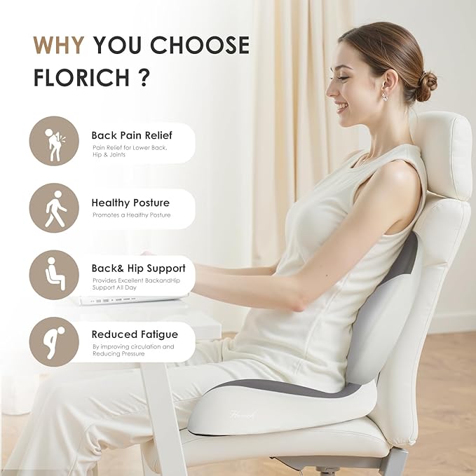 FLORICH Lumbar Support Pillow and Car Seat Cushion for Driving Car Office Chair, Memory Foam Back Support Pillow and Office Seat Chair Cushion for Sciatica Pain Relief - Gray