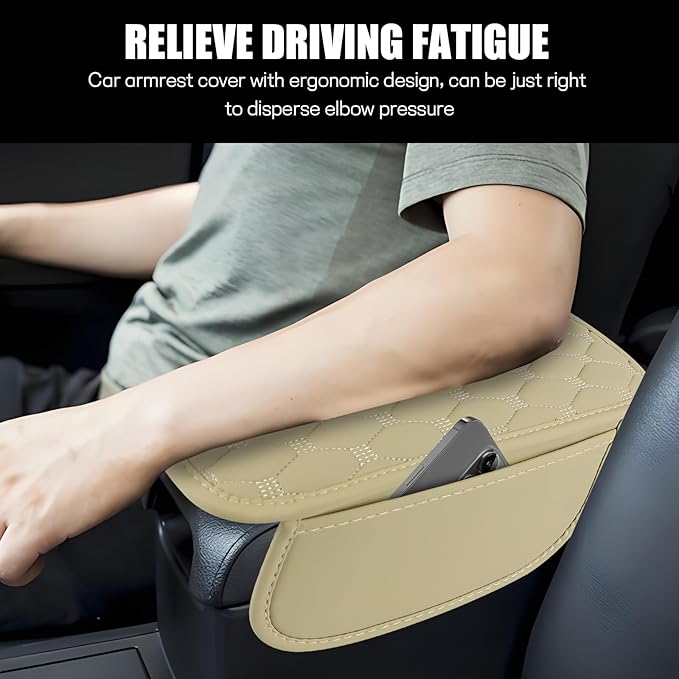 ongfuwu Car Center Console Cover, Leather Auto Armrest Cover Protector, Waterproof Armrest Center Console Pad with 2 Storage Bags, Universal Armrest Seat Box Pad for Vehicle SUV Truck (Beige)