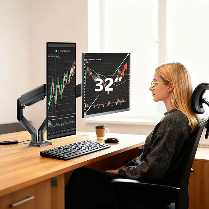 WALI Dual Monitor Stand for 17-32 inch Computer Screens, Dual Monitor Arms for 2 Monitors Holds up to 22 lbs, Height Adjustable Gas Spring Dual Monitors Mount, VESA 75x75/100x100mm (GSMP002N), Black