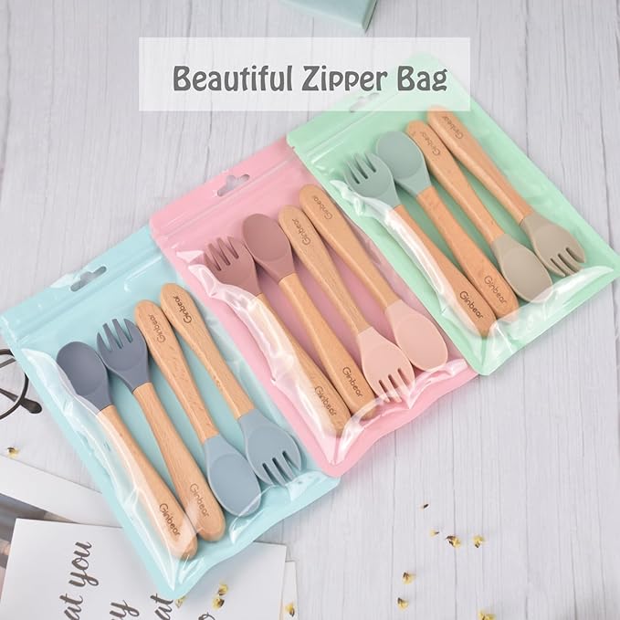 Ginbear Silicone Baby Spoon and Fork Self-feeding, Baby Flatware Sets for Girl, Toddler Feeding Utensils for Child 6 Months+ (Mauve/Pink)