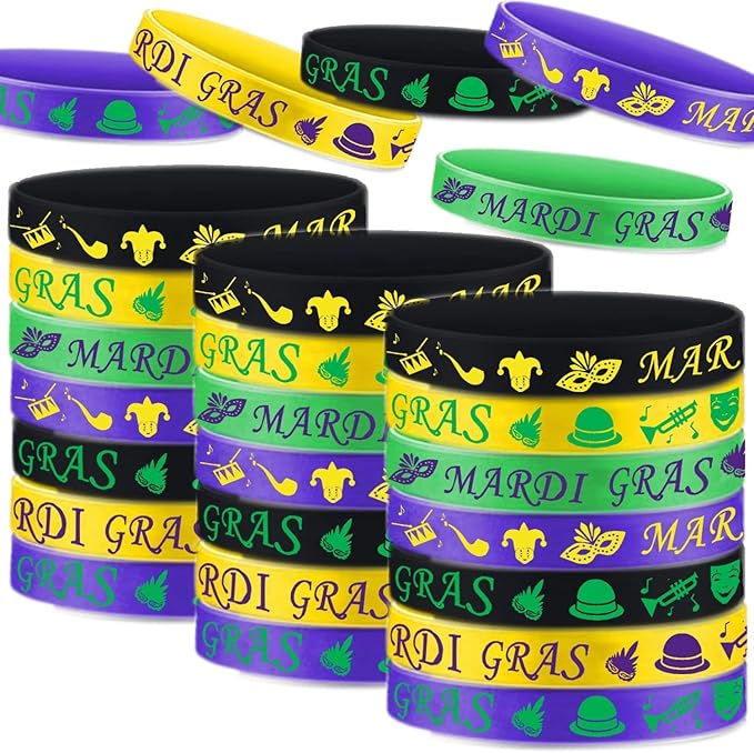 40 Packs Mardi Gras Themed Party Wristbands Rubber Bracelets - Mardi Gras Carnival Birthday Party Favors Supplies Decorations Goodie Bag Favor Stuffer Stretchable Silicone Wristband