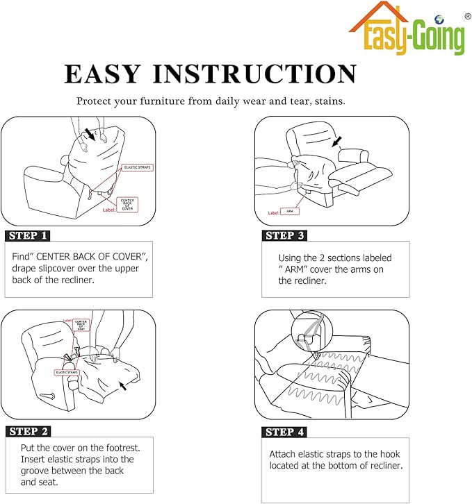 Easy-Going 4 Pieces Microfiber Stretch Recliner Slipcover – Spandex Soft Fitted Sofa Couch Cover, Washable Furniture Protector with Elastic Bottom for Kids, Pet(Recliner, Brown)