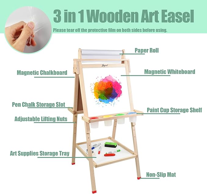 Joyooss Art Easel for Kids with Double-Sided Magnetic, Wooden Standing Kids Easel with Dry Erase Whiteboard & Chalkboard, Height Adjustable Children Easel with Paper Roll, Bonus Toddler Art Supplies