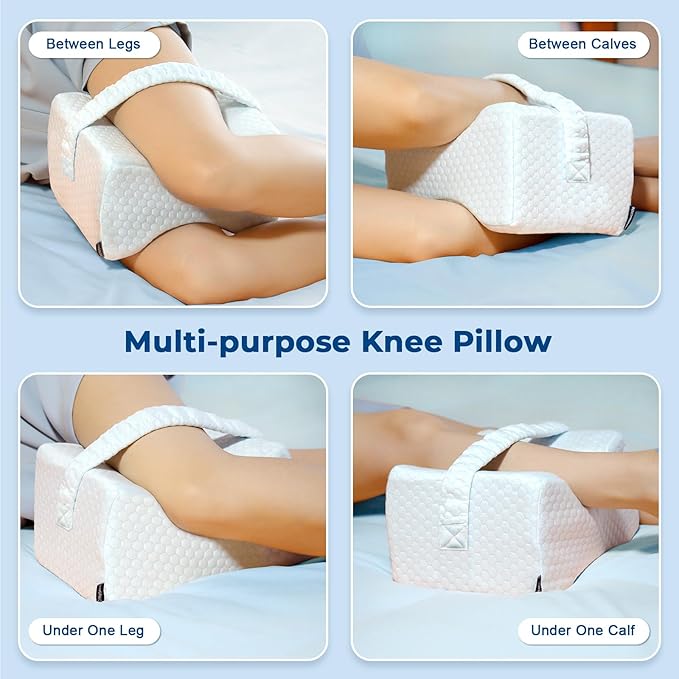 KingPavonini Cooling Knee Pillow for Side Sleepers, Gel Memory Foam Leg Pillows for Side Sleeping with Ice Silk Cover and Strap, Knee Pillow for Back Hip Pain, Spine Aligning, Sciatica, Pregnancy