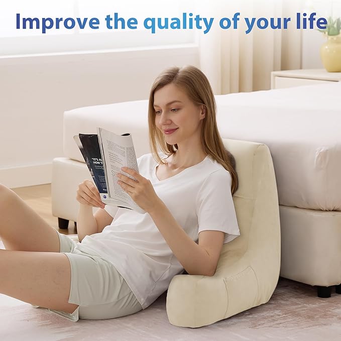 Back Pillow for Bed Sitting up, Reading Pillow for Sitting in Bed Adult, Back Support Pillow, Memory Foam Sit up Lounge Backrest Pillow with Arms for TV, Couch, Chair, Dorm, 18 Inch, Beige
