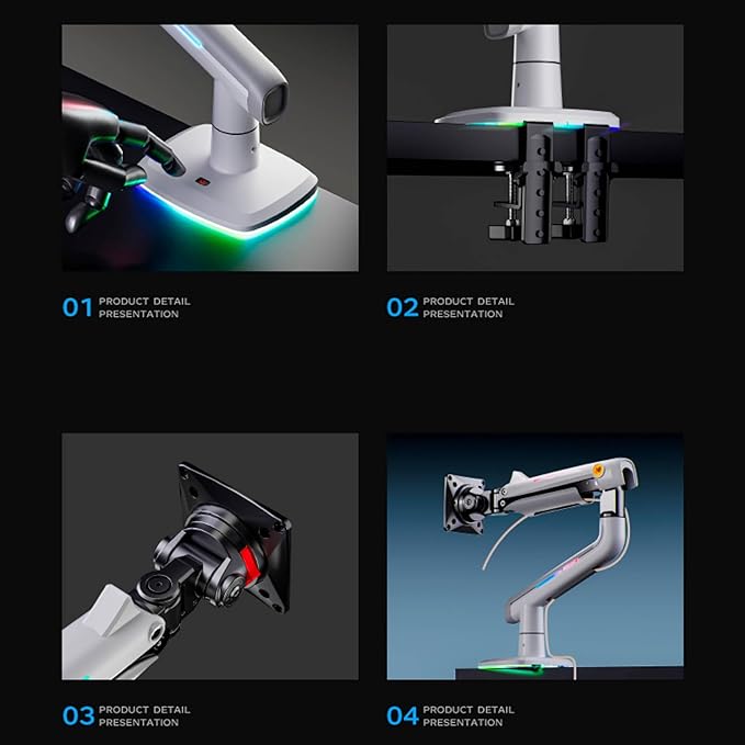 NB Gaming Monitor Arm or for 32 to 60 Inches Screen, Load up to 20 kg, VESA 75/100, RGB-Light, Heavy Duty, Multi Angle Adjustable, Premium Aluminum, White